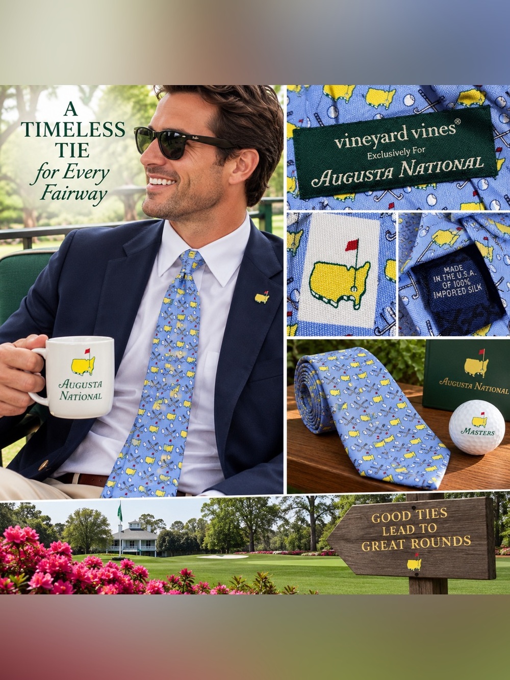 Masters Golf Vineyard Vines Light Blue Augusta National Motif Silk Tie